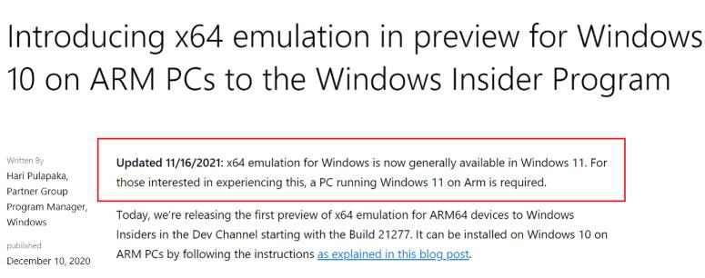 微软 Windows x64 仿真正式推出,只支持 Win11 ARM-欧欧colo教程网