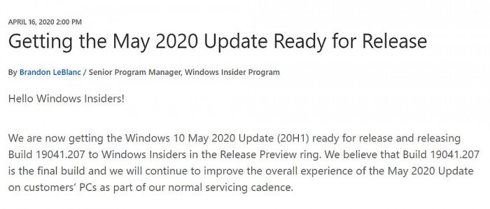 Win10 2004正式命名May 2020 Update